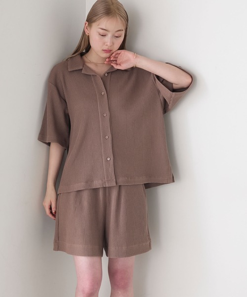 韓国 ワンポイントワッフルトップス+ショートパンツセットアップ AMERIA ANDERSON】waffle fabric set-up / ワッフル地 ワン