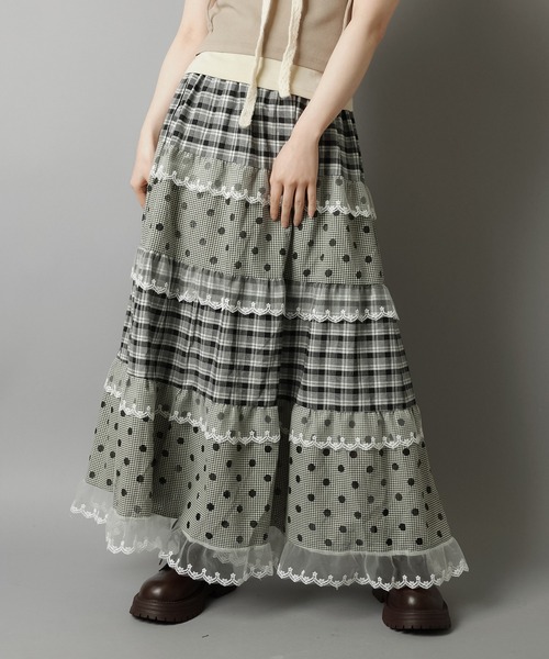 ティアードロングスカート/ドットチェック/NEO森ガール