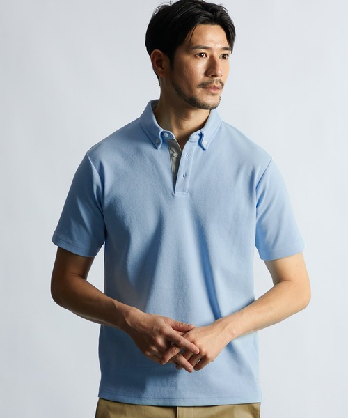 LANVIN en Bleu(ランバンオンブルー)の「速乾・防シワ 「COOLFIBER」 台衿付 ボタンダウン ビジカジ対応 綺麗目ポロシャツ(ポロシャツ・メンズ・ネイビー/ホワイト/ブラック/ブルー・46/48/50/52)」の11枚目の写真