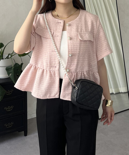 prose verse（プロズヴェール）の「サマーツイード半袖ペプラムジャケット（ノーカラージャケット・レディース・ピンク/ブラック/アイボリー・LARGE/MEDIUM）」の13枚目の写真