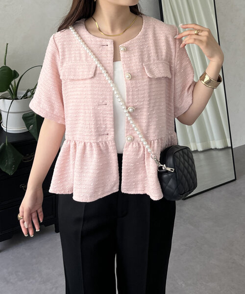 prose verse（プロズヴェール）の「サマーツイード半袖ペプラムジャケット（ノーカラージャケット・レディース・ピンク/ブラック/アイボリー・LARGE/MEDIUM）」の15枚目の写真