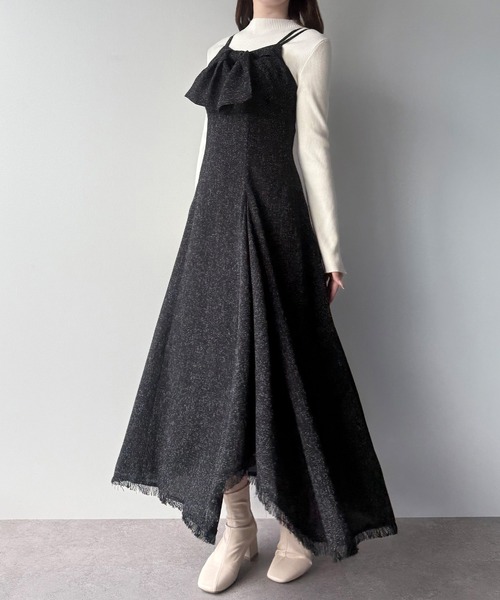 セール】薄手ツイードフロントリボンラッフルキャミワンピース