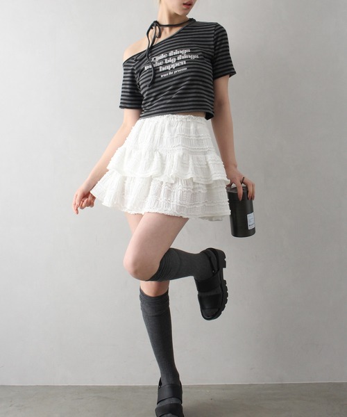 SpRay(スプレイ)の「【着るだけ可愛い】スタイルUPも叶うティアードミニスカート(スカート・レディース・アイボリー/ホワイト/ブラック・FREE)」の14枚目の写真