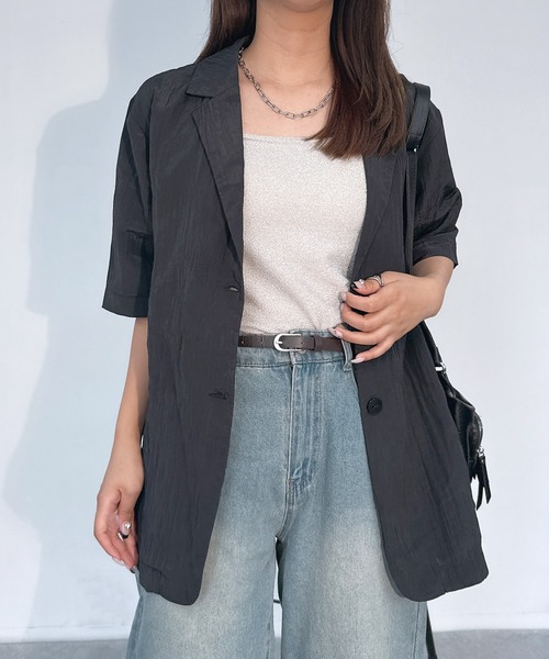 AS KNOW AS plus（アズノゥアズプラス）の「♪アソートデザイン 半袖テーラードジャケット（シアージャガード、シワサテン、ストライプ）（テーラードジャケット・レディース・チャコールグレー/アイボリー系/アイボリー・FREE）」の3枚目の写真