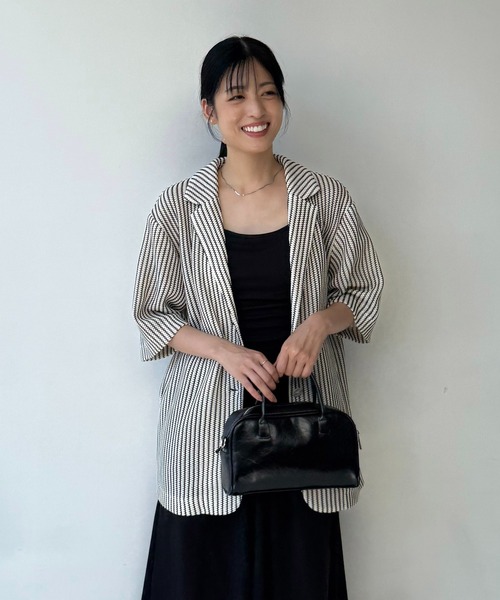 AS KNOW AS plus（アズノゥアズプラス）の「♪アソートデザイン 半袖テーラードジャケット（シアージャガード、シワサテン、ストライプ）（テーラードジャケット・レディース・チャコールグレー/アイボリー系/アイボリー・FREE）」の14枚目の写真