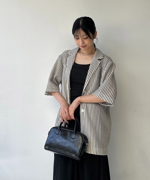 AS KNOW AS plus（アズノゥアズプラス）の「♪アソートデザイン 半袖テーラードジャケット（シアージャガード、シワサテン、ストライプ）（テーラードジャケット・レディース・チャコールグレー/アイボリー系/アイボリー・FREE）」の17枚目の写真