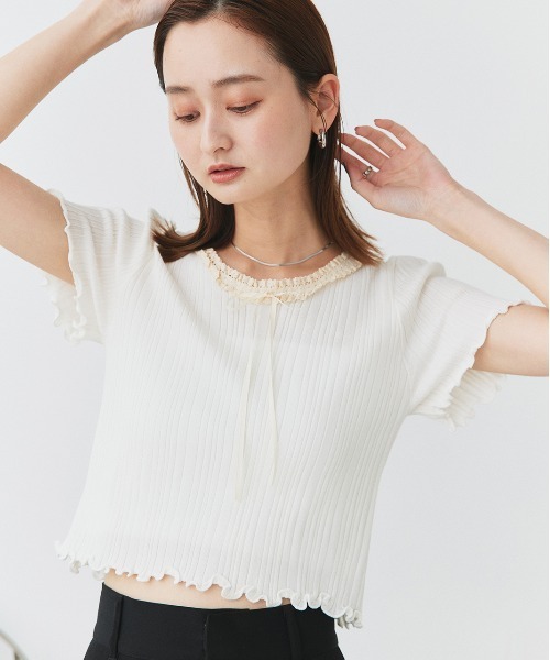 ad thie(アドティエ)の「ネックリボン リブニットトップス(Tシャツ/カットソー・レディース・オフホワイト/ブラック・FREE)」の14枚目の写真