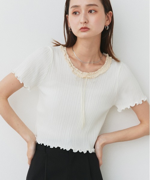 ad thie(アドティエ)の「ネックリボン リブニットトップス(Tシャツ/カットソー・レディース・オフホワイト/ブラック・FREE)」の17枚目の写真
