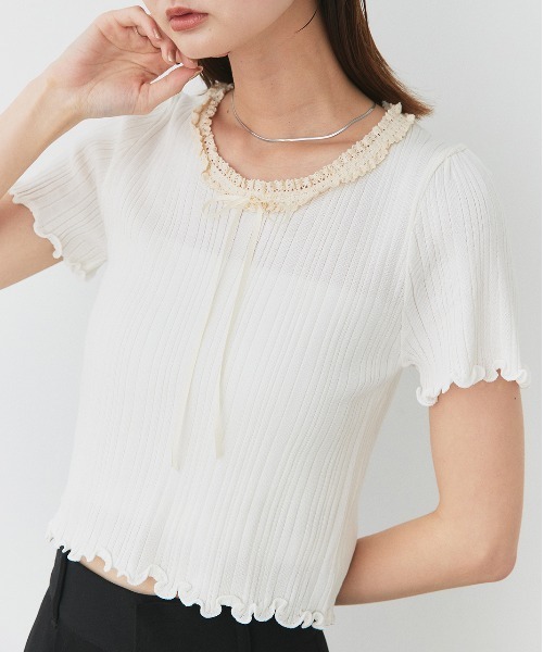 ad thie(アドティエ)の「ネックリボン リブニットトップス(Tシャツ/カットソー・レディース・オフホワイト/ブラック・FREE)」の18枚目の写真
