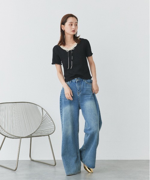 ad thie(アドティエ)の「ネックリボン リブニットトップス(Tシャツ/カットソー・レディース・オフホワイト/ブラック・FREE)」の19枚目の写真
