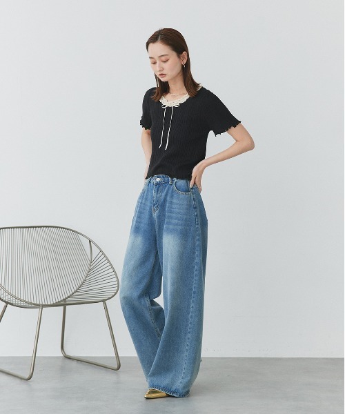 ad thie(アドティエ)の「ネックリボン リブニットトップス(Tシャツ/カットソー・レディース・オフホワイト/ブラック・FREE)」の20枚目の写真
