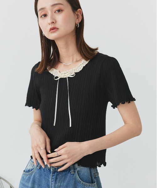 ad thie(アドティエ)の「ネックリボン リブニットトップス(Tシャツ/カットソー・レディース・オフホワイト/ブラック・FREE)」の22枚目の写真