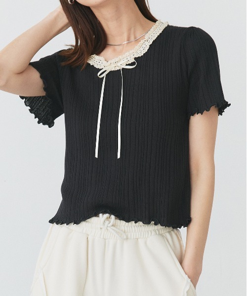 ad thie(アドティエ)の「ネックリボン リブニットトップス(Tシャツ/カットソー・レディース・オフホワイト/ブラック・FREE)」の4枚目の写真