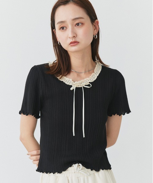 ad thie(アドティエ)の「ネックリボン リブニットトップス(Tシャツ/カットソー・レディース・オフホワイト/ブラック・FREE)」の5枚目の写真
