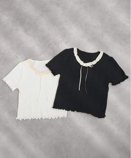 ad thie(アドティエ)の「ネックリボン リブニットトップス(Tシャツ/カットソー・レディース・オフホワイト/ブラック・FREE)」の13枚目の写真