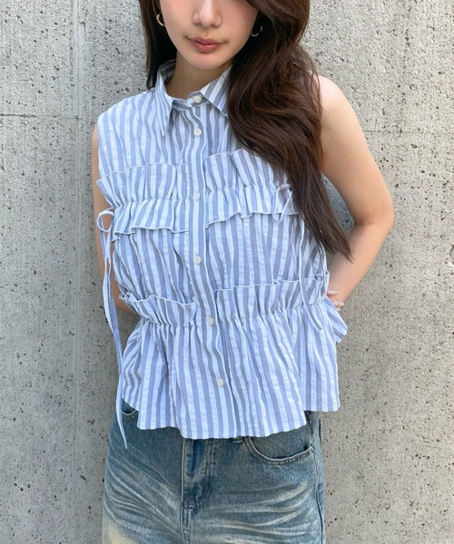 3.3 Field Trip （3.3フィールドトリップ）の「3.3 Field Trip／ノースリーブフリルブラウス（シャツ/ブラウス・レディース・その他1/サックスブルー/オフホワイト・FREE）」の3枚目の写真