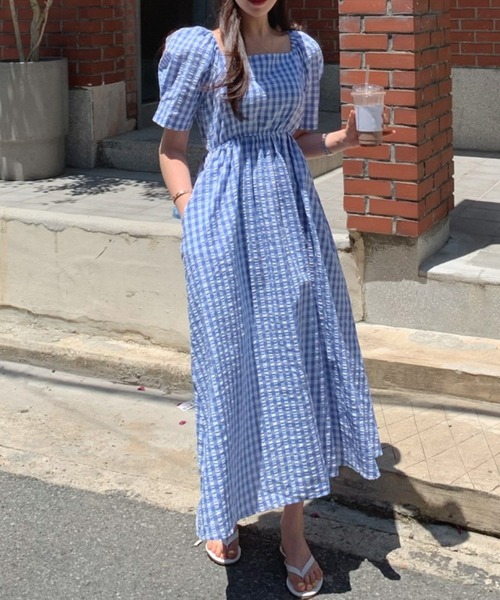 ギンガムチェックパフスリーブワンピース（ワンピース）｜CHUL