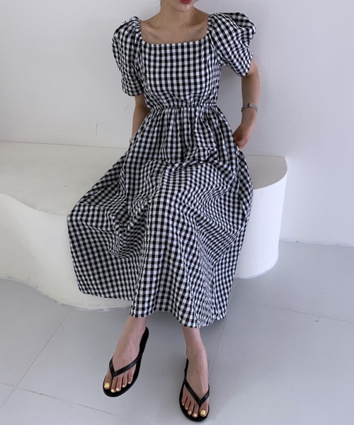 ギンガムチェックパフスリーブワンピース（ワンピース）｜CHUL