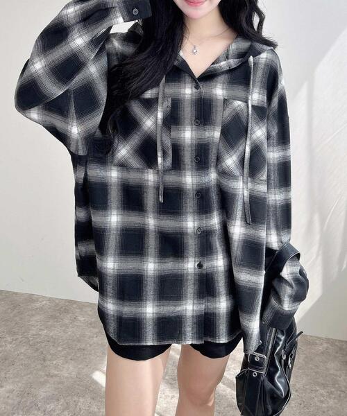 ニードルス　チェック柄 長袖シャツ ブラック/ホワイト WEB限定】フードビッグチェックシャツ（シャツ/ブラウス）｜INGNI
