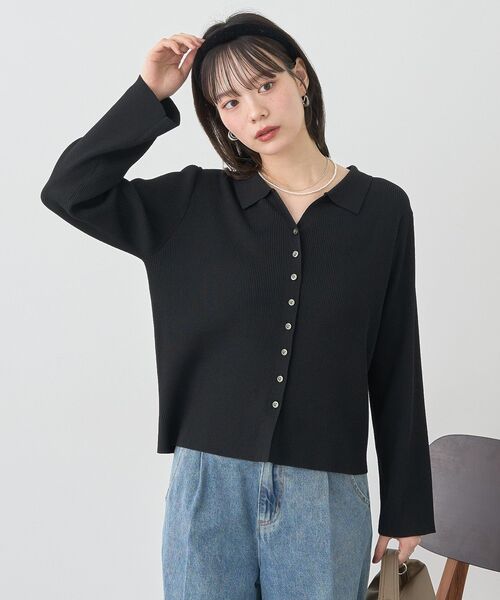 earth music&ecology（アースミュージックアンドエコロジー）の「襟付きニットカーディガン（カーディガン/ボレロ・レディース・ブラック/ピンク/ボルドー・FREE）」の2枚目の写真