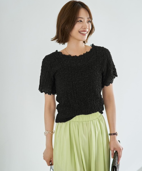 STYLE DELI（スタイルデリ）の「【LUXE】バブルカットソーの端っこメロウTシャツ（Tシャツ/カットソー・レディース・ブラック/アイボリー/ベージュ系・FREE）」の2枚目の写真