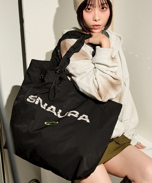 Snap club】ドローコードギャザーハンドルロゴプリントトート