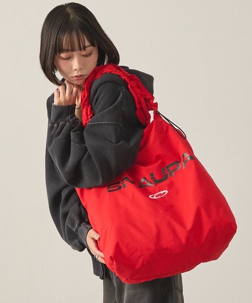 Snap club】ドローコードギャザーハンドルロゴプリントトートバッグ