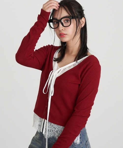 RAY CASSIN（レイカズン）の「レイヤードレースカーディガン（カーディガン/ボレロ・レディース・ベージュ/レッド/ブラック/グレー・FREE）」の4枚目の写真