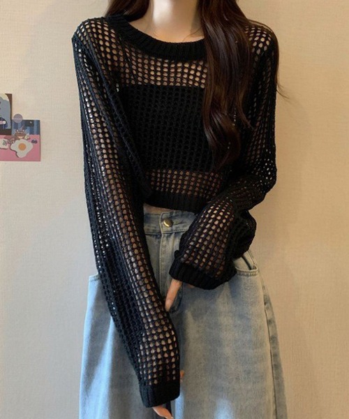 WESTSEA(ウエストシー)の「ショート丈 透かし編みニット 長袖(Tシャツ/カットソー・レディース・グレー/ホワイト/ブラック・FREE)」の9枚目の写真