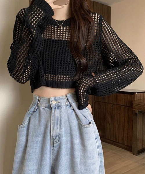 WESTSEA(ウエストシー)の「ショート丈 透かし編みニット 長袖(Tシャツ/カットソー・レディース・グレー/ホワイト/ブラック・FREE)」の12枚目の写真