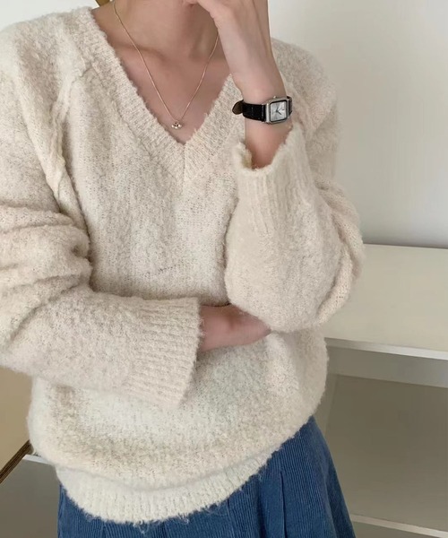 Lace Ladies(レースレディース)の「ブークレー Vネック ラグランスリーブ ニット プルオーバー(ニット/セーター・レディース・ブラウン/アイボリー/グレー・FREE)」の10枚目の写真