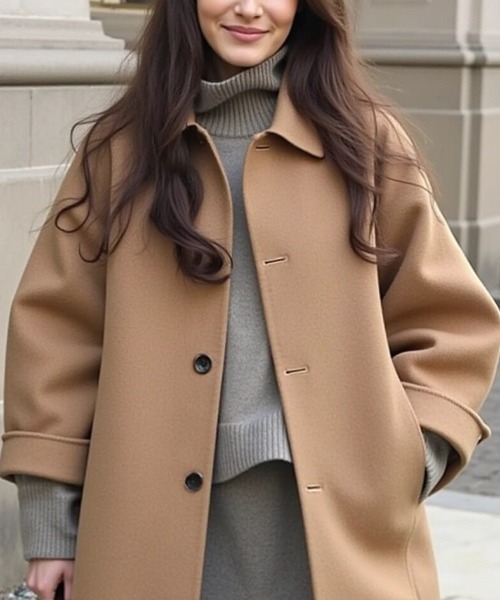 cammie(キャミー)の「ウールタッチステンカラーミドルコート(チェスターコート・レディース・ベージュ/ライトベージュ/ブラック・L/M)」の12枚目の写真
