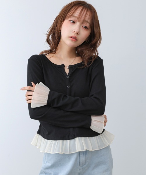 Bab(バブ)の「【再入荷決定!】裾フリルヘンリーネックカットソー(Tシャツ/カットソー・レディース・ブラック/オフホワイト/グレー・FREE)」の3枚目の写真