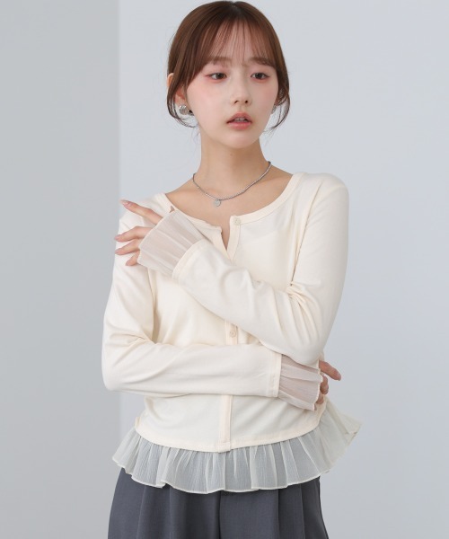 Bab(バブ)の「【再入荷決定!】裾フリルヘンリーネックカットソー(Tシャツ/カットソー・レディース・ブラック/オフホワイト/グレー・FREE)」の4枚目の写真