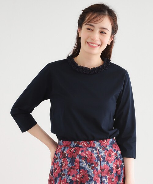 LAURA ASHLEY(ローラアシュレイ)の「【人気デザイン!7分袖/日本製/コットン100%】シフォンフリルネック カットソー(Tシャツ/カットソー・レディース・オフホワイト/ライトグレー/ネイビー/ボルドー・38/40)」の3枚目の写真