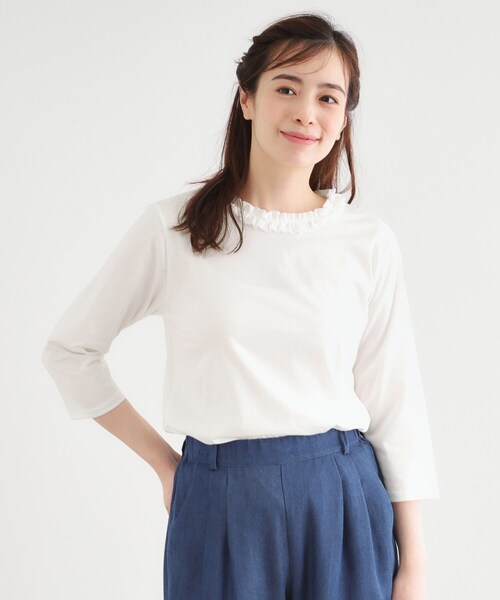 LAURA ASHLEY(ローラアシュレイ)の「【人気デザイン!7分袖/日本製/コットン100%】シフォンフリルネック カットソー(Tシャツ/カットソー・レディース・オフホワイト/ライトグレー/ネイビー/ボルドー・38/40)」の2枚目の写真