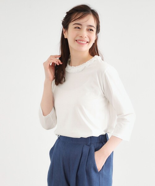 LAURA ASHLEY(ローラアシュレイ)の「【人気デザイン!7分袖/日本製/コットン100%】シフォンフリルネック カットソー(Tシャツ/カットソー・レディース・オフホワイト/ライトグレー/ネイビー/ボルドー・38/40)」の5枚目の写真