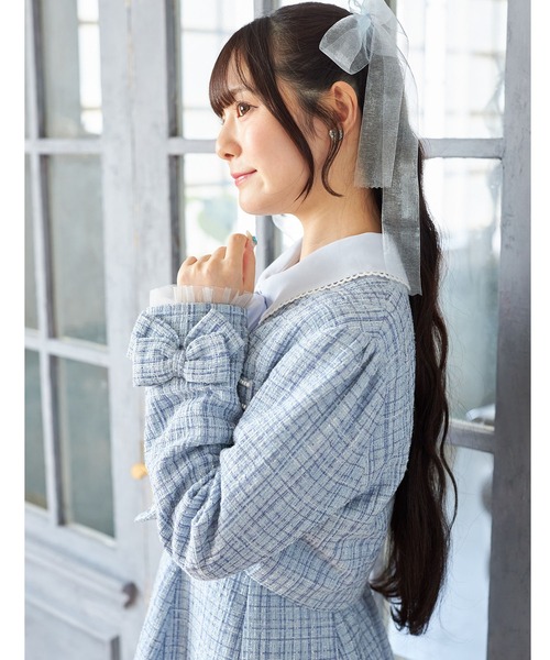 Suyunn　袖口りぼん＆チュールフリル付きラメツイードジャケット 袖口りぼん＆チュールフリル付きラメツイードノーカラージャケット