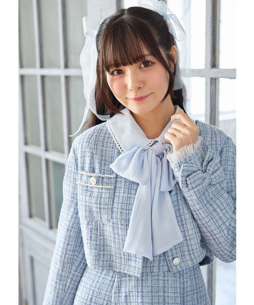 Suyunn(スユン)の「袖口りぼん&チュールフリル付きラメツイードノーカラージャケット(ノーカラージャケット・レディース・ピンク/ブルー・M)」の18枚目の写真
