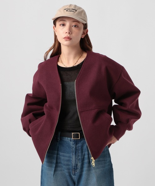 BAYFLOW（ベイフロー）の「ウールライクZIPブルゾン / Vネックノーカラーショートコート（ブルゾン・レディース・ライトブルー/ブラック/ライトグレー/ボルドー/モカ/ネイビー・SMALL/MEDIUM）」の6枚目の写真