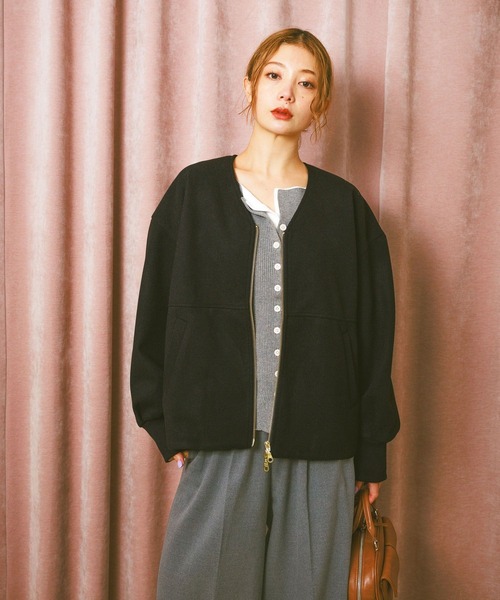 B319 しょっ セール】ウールライクZIPブルゾン / Vネックノーカラーショートコート