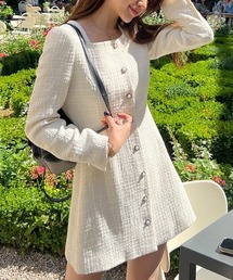 YUGA_YGMC　Square neck buttoned tweed dress