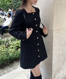 YUGA_YGMC Square neck buttoned tweed dress