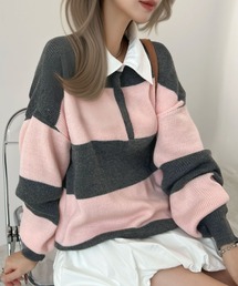 CHARME BY MICOLA（シャルムバイミコラ）の「トレンドのシャツ襟がドッキングしたデザイン♪バルキーボーダーラガーニットプルオーバー（ニット/セーター・レディース）」