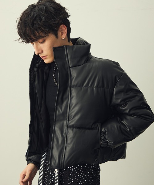セール】Synthetic leather short puffer jacket / 合成皮革ショート丈