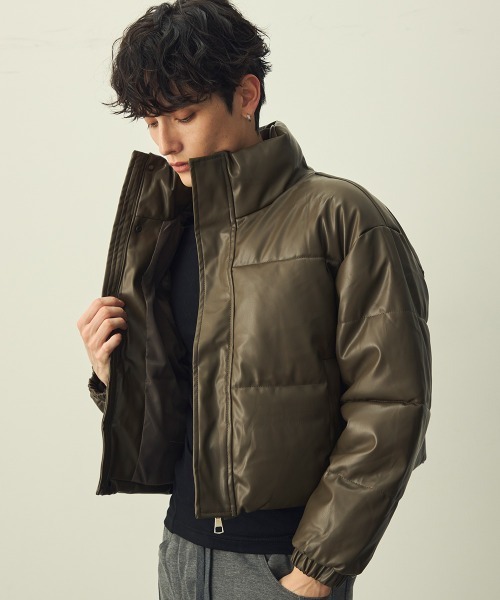 セール】Synthetic leather short puffer jacket / 合成皮革ショート丈