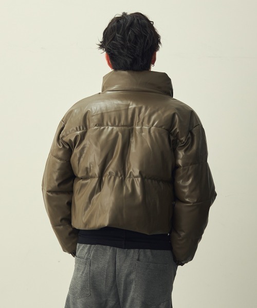 セール】Synthetic leather short puffer jacket / 合成皮革ショート丈