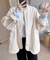 Chloe ホワイト ノーカラージャケット ノーカラールーズショートジャケット(2colors)(白/黒)春秋