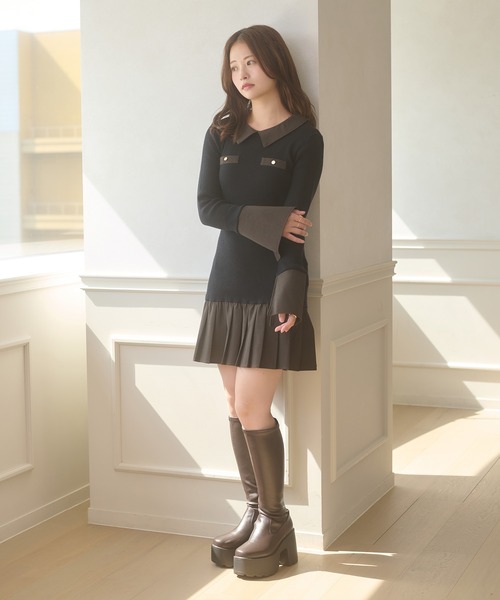 Ambre Neige(アンブルネージュ)の「bicolor polo knit mini dress / ハイショクポロニットミニワンピース(ワンピース・レディース・ブラック/チャコールグレー・FREE)」の12枚目の写真