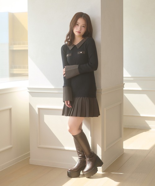 Ambre Neige(アンブルネージュ)の「bicolor polo knit mini dress / ハイショクポロニットミニワンピース(ワンピース・レディース・ブラック/チャコールグレー・FREE)」の15枚目の写真